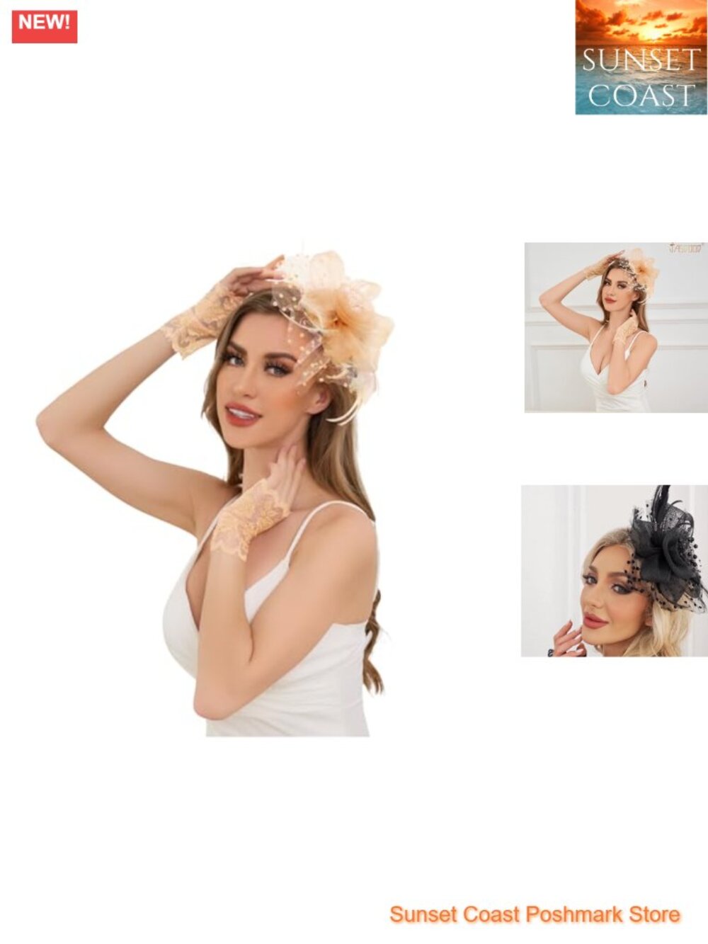 Fascinator Hat with Lace Gloves Set Tea Party Wedding Headwear